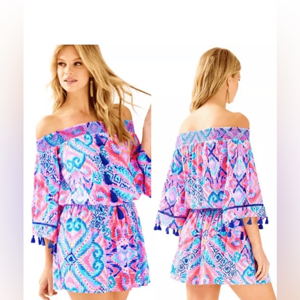 Lilly Pulitzer "Joelle" Off The Shoulder Tunic‎ Dress Printed Smocked Lg